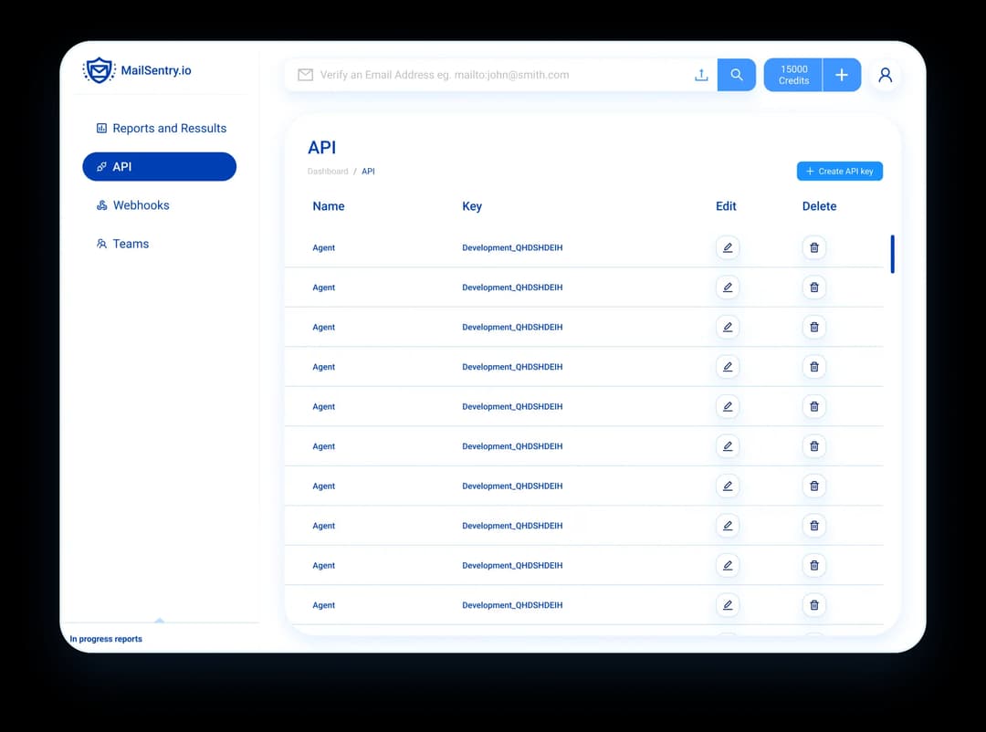 API key generation interface on MailSentry for streamlined email validation service integration
